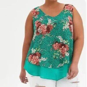 Torrid Green Floral Double Layer Chiffon Tank Top Blouse Sz 1X